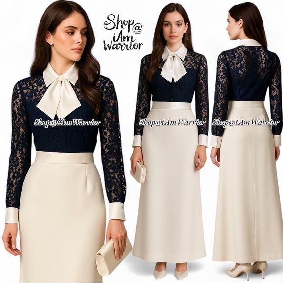 Tory Burch NWT navy lace blouse w/ ivory cuffs & collar with removable neck tie - Picture 1 of 16